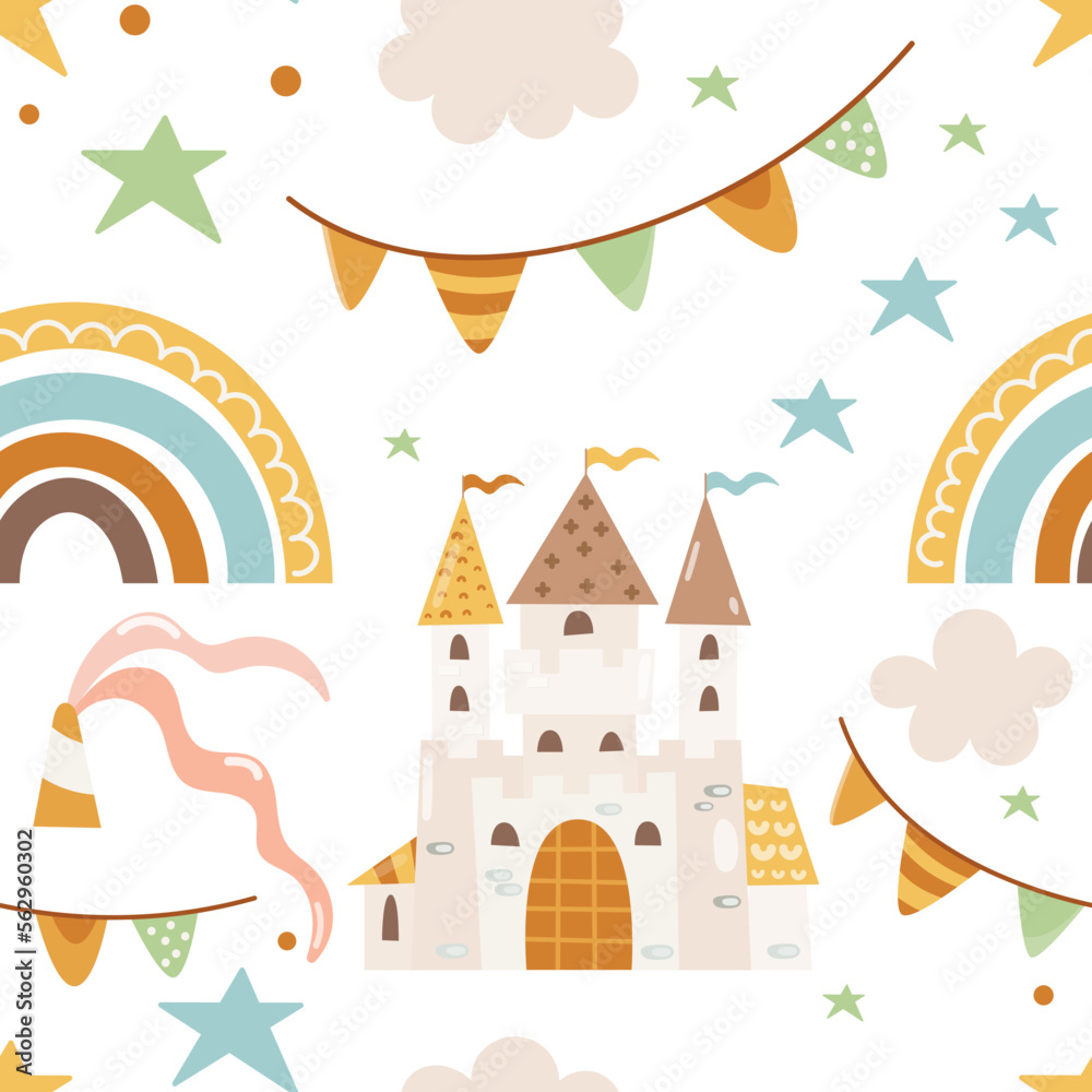 Pattern knight's castle, rainbow, stars, holiday decoration elements