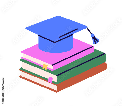 Book stack and bachelor cap, hat. Education and graduation, study for master degree, learning, knowledge concept. Academic literature, textbooks. Flat vector illustration isolated on white background