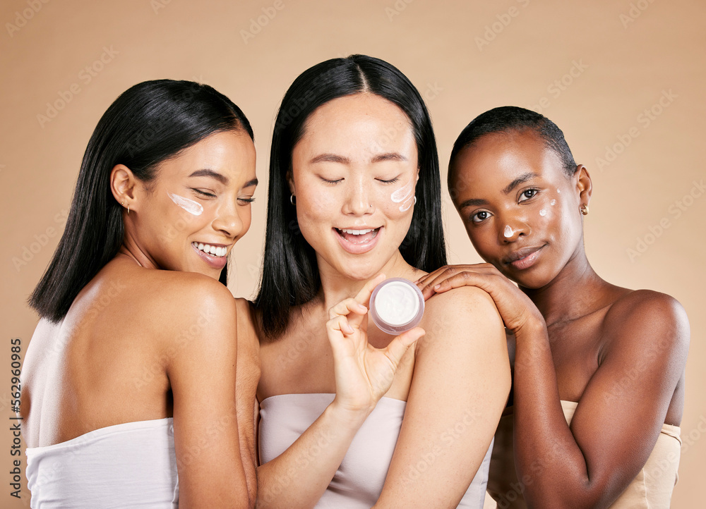 Fotografia do Stock: Woman, skincare and face cream product in studio for  wellness, skin and grooming on brown background. Facial, mask and friends  relax for beauty, sunscreen and lotion, luxury and pamper