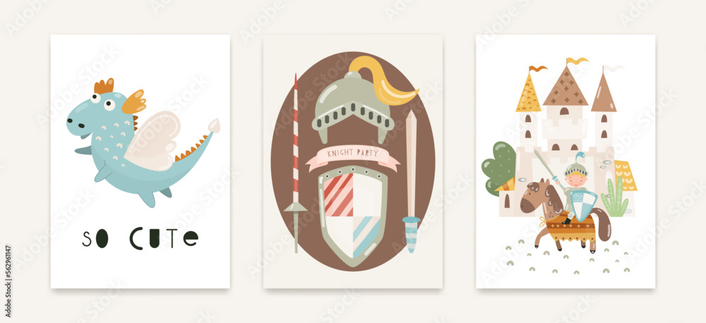 Fototapeta premium Three posters A knight with a spear and a shield on a horse near the knight's castle Emblem with knight's armor and weapons and a dragon So cute