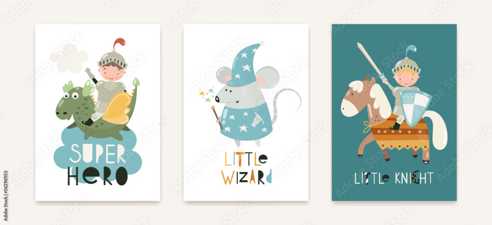 Fototapeta premium Three posters Knight on Dragon Super Hero, Mouse Little Wizard, Knight on Horseback with Sword and Shield Little Knight