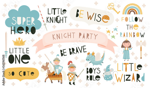 Cute cartoon character knights on horseback with sword and shield, knight duel with dragon