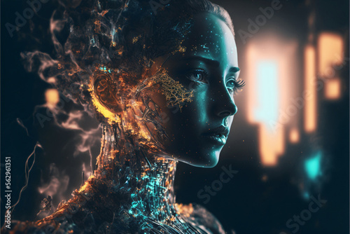 Portrait of a female cyborg robot. Concept for Artififial Intelligence. Designed using Generative AI