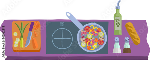A scene of cooking or preparing a healthy meal like vegetable curry or Chinese food a kitchen in an abstract cubist flat modern cartoon style