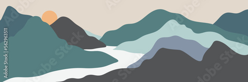 Landscape minimalist wallpaper. Abstract nature art, contemporary mountain poster, hand drawn background. Vector illustration
