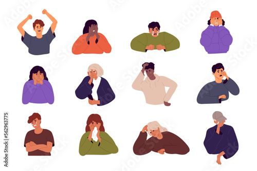 Sad upset people crying set. Unhappy characters in grief, sorrow, agony. Men, women weeping, sobbing, mourning. Misery, despair emotion. Flat graphic vector illustrations isolated on white background