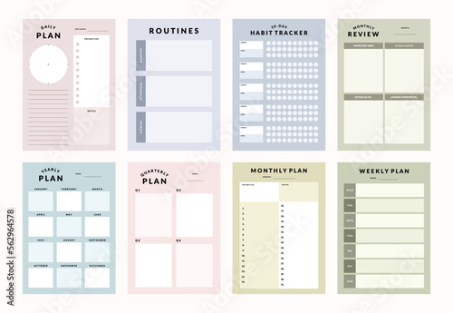 Vector printable template collection, weekly planner, monthly planner, yearly planner, habit tracker