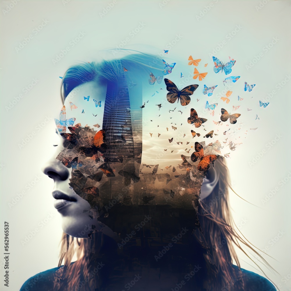 Surreal double exposure image of woman and butterflies. Great for ads ...