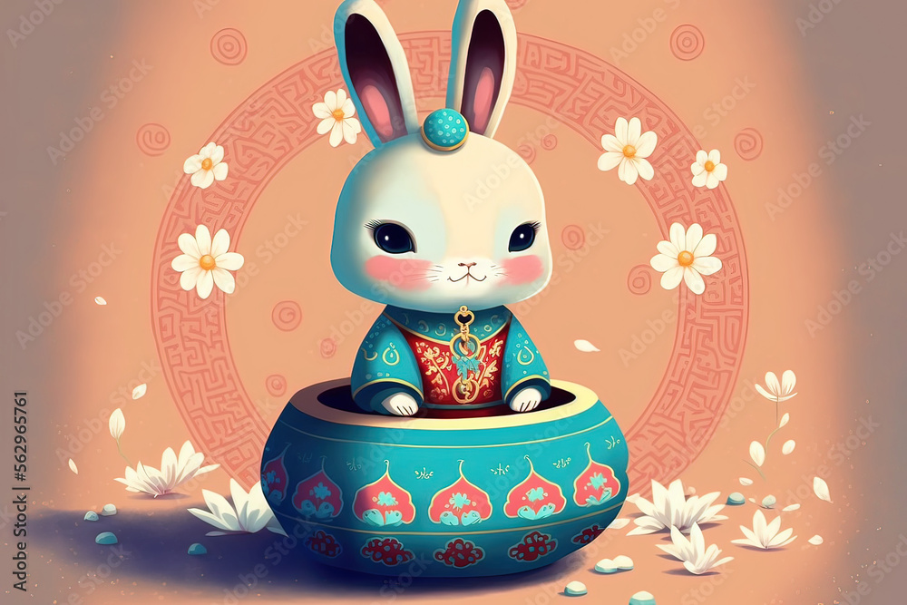 Kawaii image of the rabbit during the Chinese lunar new year. Anime style  bunny. Generative AI. Stock Illustration