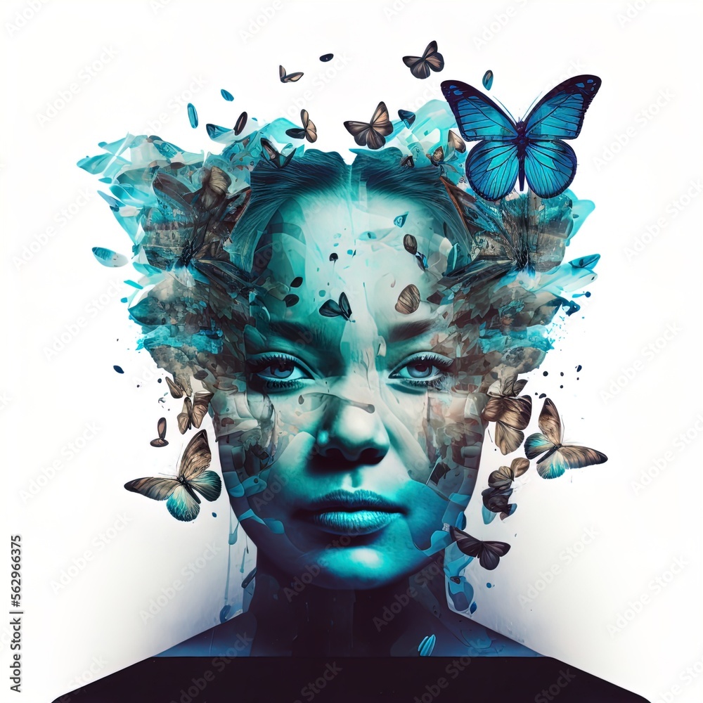 Surreal double exposure image of woman and butterflies. Great for ads ...