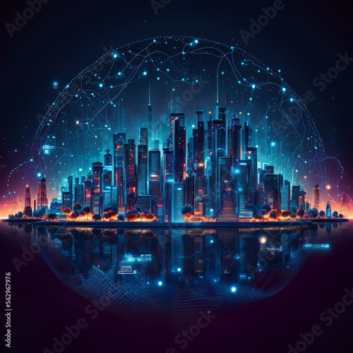 Illustration of a big city at night  application development concept  smart city  Internet of things  smart life  information technology  gradient grid line  metaverse connection technology concept