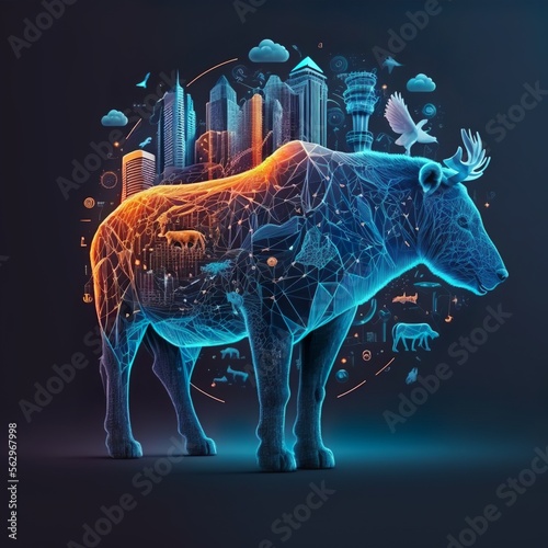 Illustration of abeautiful animal world , application development concept, smart city, Internet of things, smart life, information technology, gradient grid line, metaverse connection technology conce photo