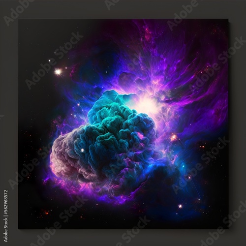 outer space purple-blue fluorescent image dark background cosmic lights moon stars purple futristic fog cloud magical holographic photo