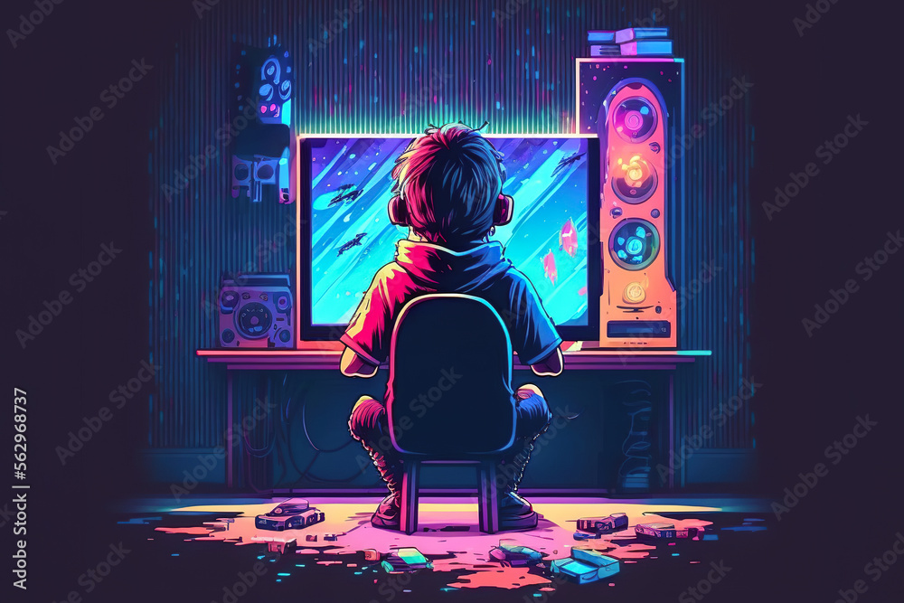 Generative AI illustration of cartoon style Kid playing video games in ...