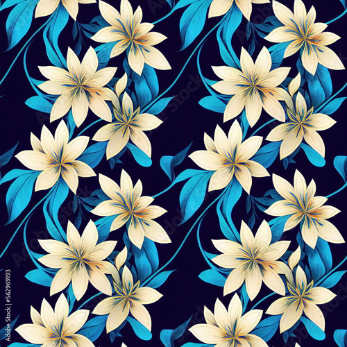 A Seamless Repeatable Floral Pattern with Yellow and Blue Flowers Generated by AI for Fabric or Card Design 