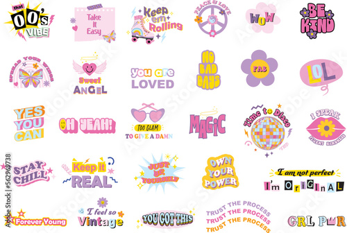 Colorful set of Inspirational quotes and doodles in 90s and Y2k style design. Pop art style graphics for T-shirts, posters, cards and stickers.