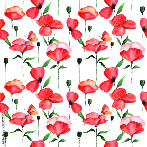  Watercolor red poppy in a seamless pattern. Can be used as fabric, wallpaper, wrap. © Ulia