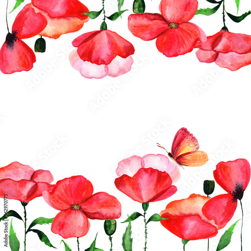  Watercolor red poppy in a congratulatory frame.