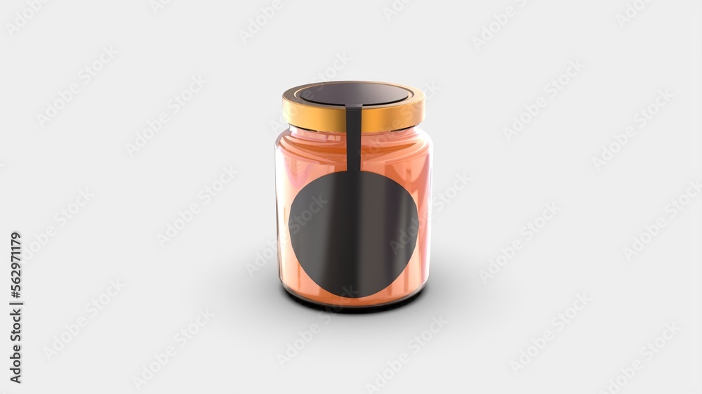 Premium glass container for liquid food product with black rounder circle label and cooper cap isolated on white solid background cut out ready front isometric camera view 3d rendering image Premium glass container for liquid food product with black rounder circle label and cooper cap isolated on white solid background cut out ready front isometric camera view 3d rendering image