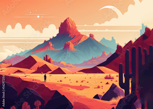 Stunning scenery of the desert  surrounded by cactus  mountains  hills  sand and rock. Cartoon desert landscape