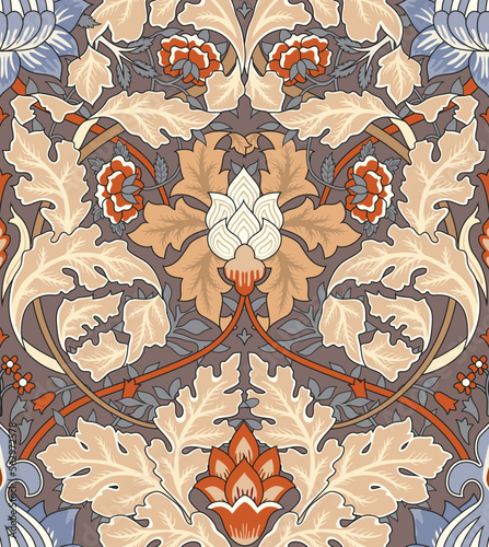 Vintage flowers and foliage seamless ornament on gray background. Vector illu...