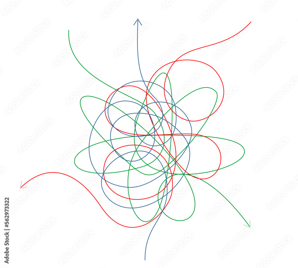 Confusing difficult arrows. Tangle scribbles with arrow, simple lines knot designs, chaos tangled drawing wires. Messy scribble threads isolated on white. Challenge Confusing difficult arrows. Tangle scribbles with arrow, simple lines knot designs, chaos tangled drawing wires. Messy scribble threads isolated on white. Challenge