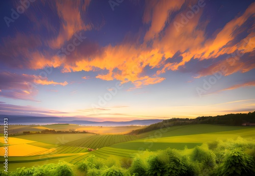 Generative AI scenic view of agricultural field against sky during sunset
