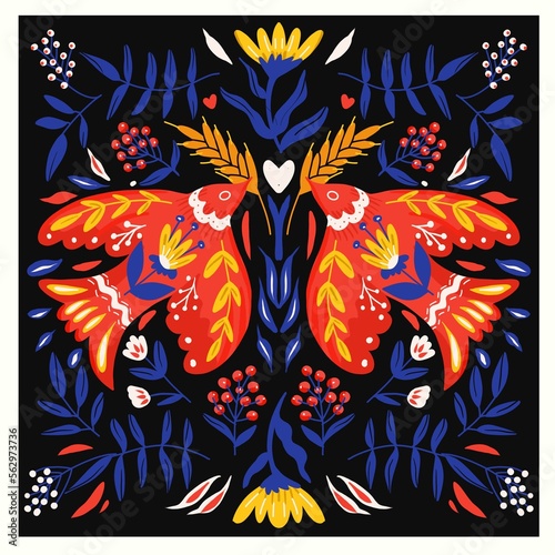 Hand drawn Two birds with flowers, folk art illustration, dark background