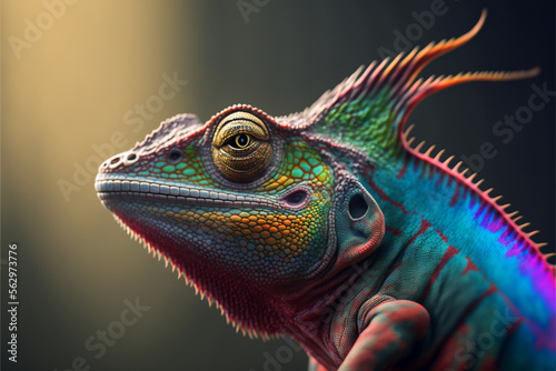 Incredibly cute colorful chameleon lizard with changing colors. Exotic wild lizard or reptile. Ai generated.