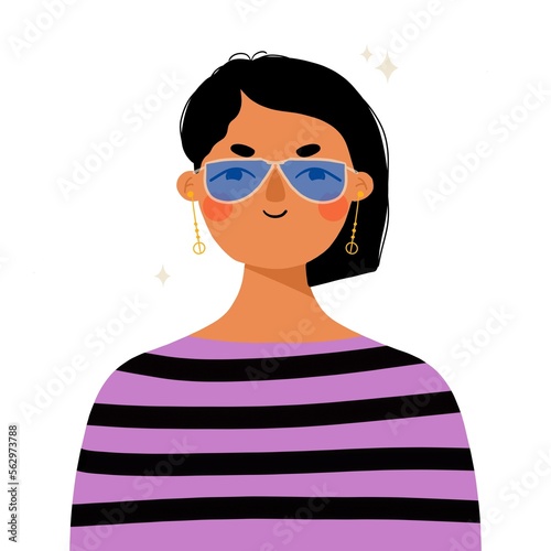 a young girl with dark hair cut .flat illustration. for a social network.