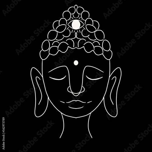 Buddha's Head isolated on  background. Black and white. Sign for tattoo, textile print. Coloring page.