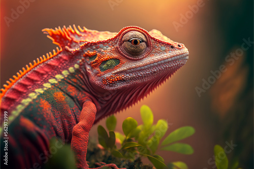 Incredibly cute colorful chameleon lizard with changing colors. Exotic wild lizard or reptile. Ai generated.