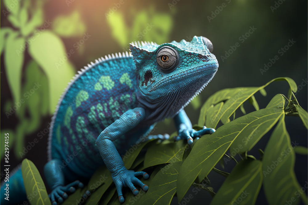Obraz premium Incredibly cute colorful chameleon lizard with changing colors. Exotic wild lizard or reptile. Ai generated.