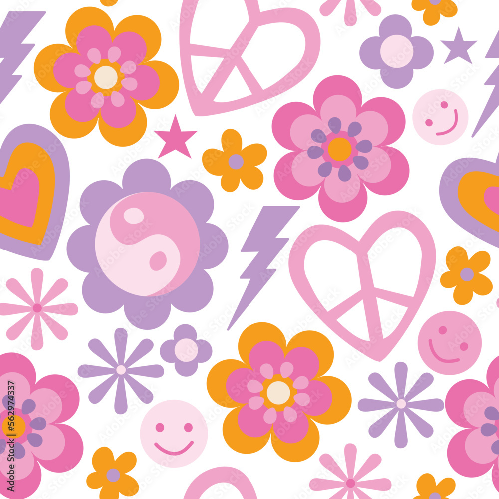 Inspired retro colorful seamless pattern background. Pattern with hearts, flowers, stars in bright pink tones.