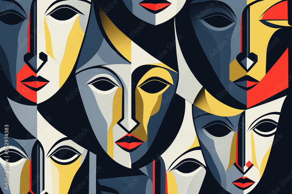 Abstract, crowded illustration of many faces in vivid color and geometric shapes. Wallpaper, Background, Picture. Artwork - obrazy, fototapety, plakaty 