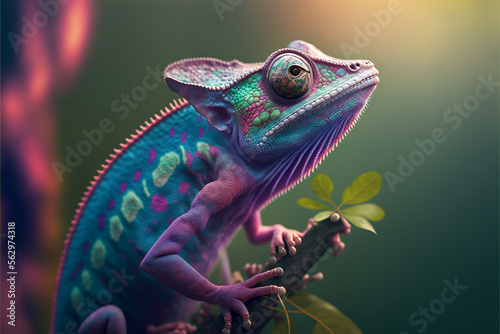 Incredibly cute colorful chameleon lizard with changing colors. Exotic wild lizard or reptile. Ai generated. photo