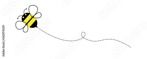 Cartoon bee icon. Bee flying on a dotted route isolated on the white background. Vector illustration