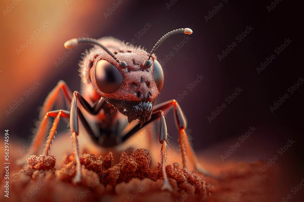 Fototapeta premium Red ant with big eyes close-up. Generative AI