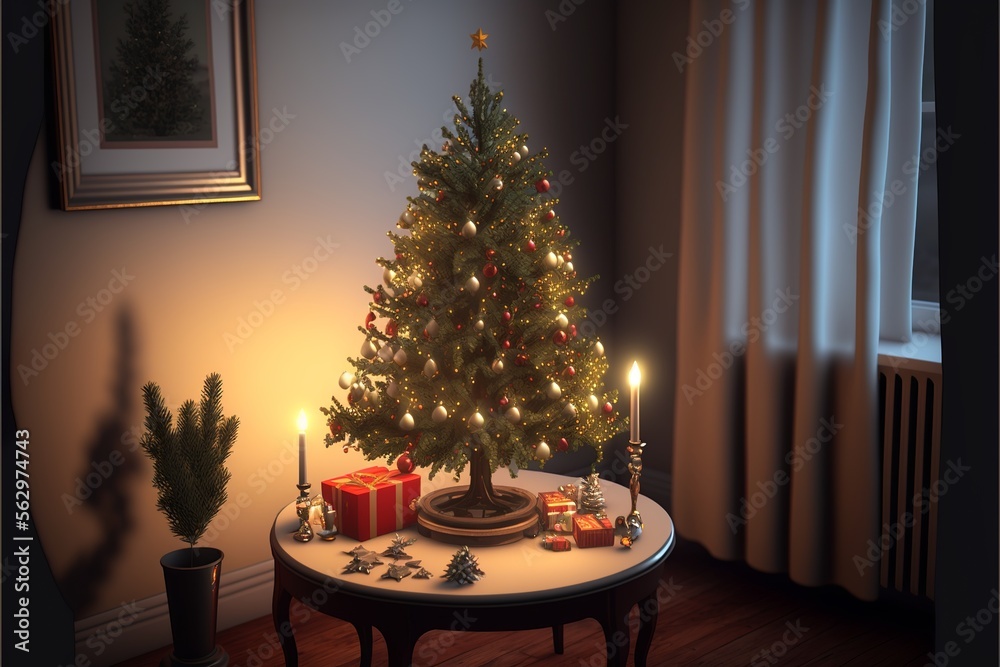 Intimate living room interior with a desk and a small christmas tree on it, packed with red and silver ornaments
