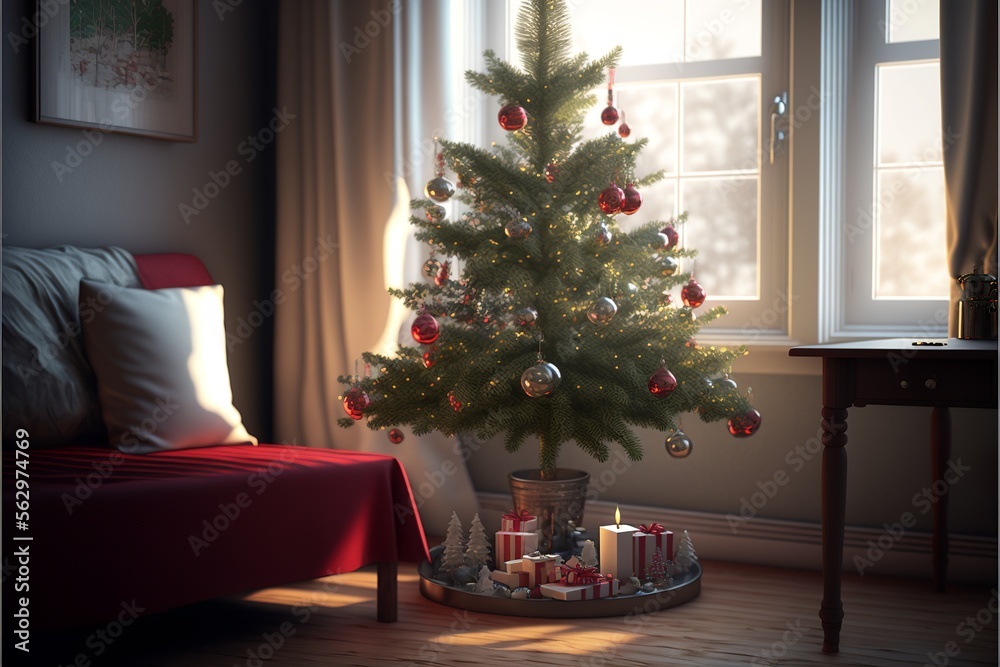 Intimate christmas living room interior with a decorated christmas tree and a desk, with presents under the tree