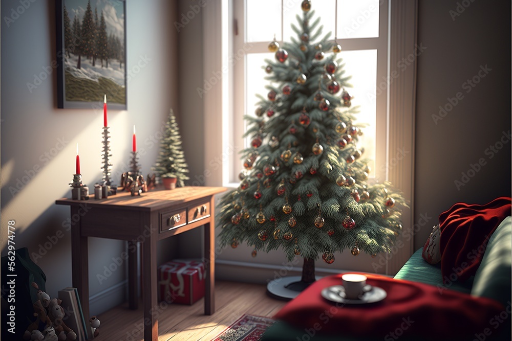 Intimate christmas living room interior with a decorated christmas tree and a desk, with presents under the tree