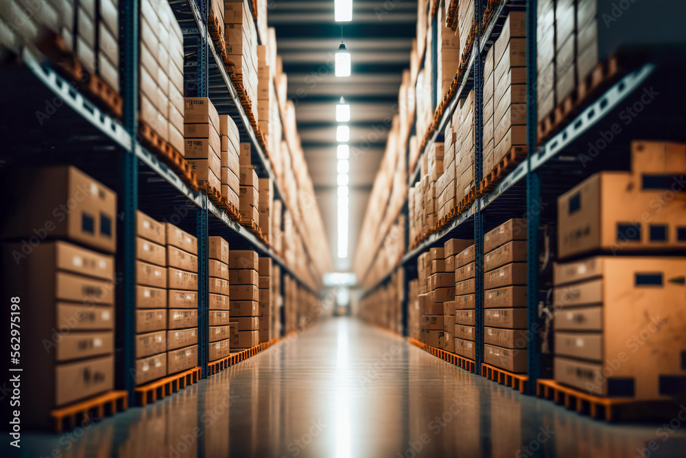 A large warehouse full of carboard boxes and products, Generative AI A large warehouse full of carboard boxes and products, Generative AI