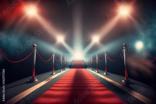 Red carpet with smoke and spotlights, Generative AI