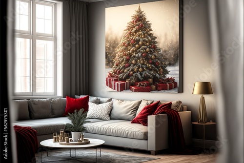 Intimate bright living room interior with a big sofa and pillows on it, and a picture with a christmas tree is hanging on the wall
