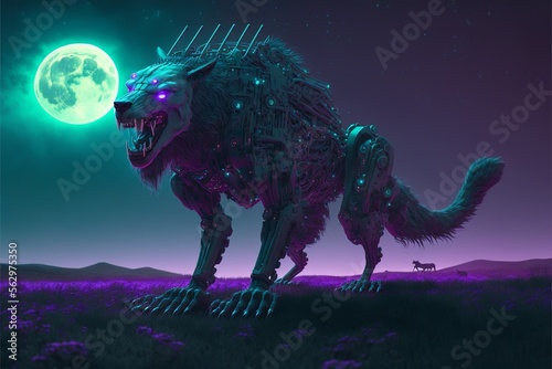 Cybernetically enhanced wolf biomutant snarls in a light green full moon at dawn on the fields with mountains