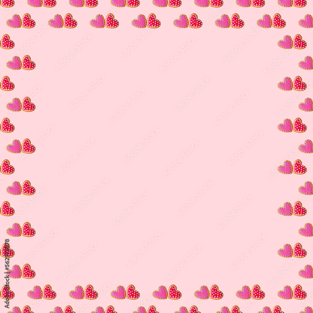 Seamless pattern of red and pink heart shaped royal icing cookies frame on pastel pink background