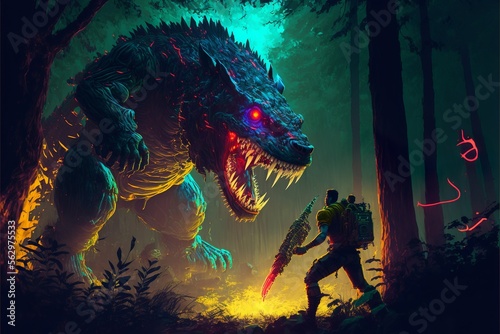 Robust dinosaur looking monster fighting a man with rocket launchers in a forest at dawn