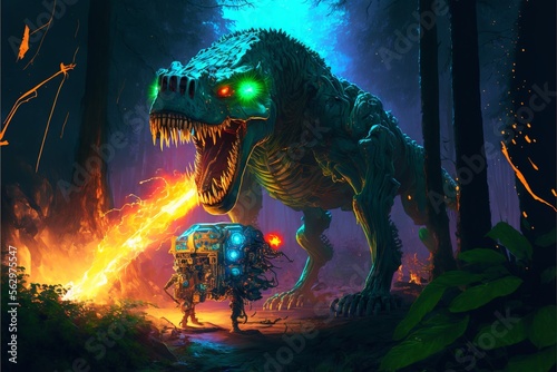 Cybernetically enhanced T-Rex biomutant fighting a combat robot in the woods at night