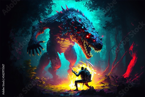 Cybernetically enhanced dinosaur head and body giant biopunk mutant being attacked tiwth fire by a soldier in a misty forest