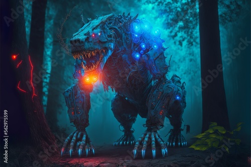 Cybernetically enhanced shark head and bulky gorilla body giant biopunk mutant with blue and orange lights in a foggy forest at night